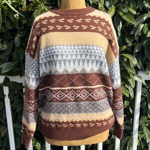 Aelfric Eden; Brown/Tan/Grey; Geometric Pattern; Long Sleeve Crewneck Sweater; M